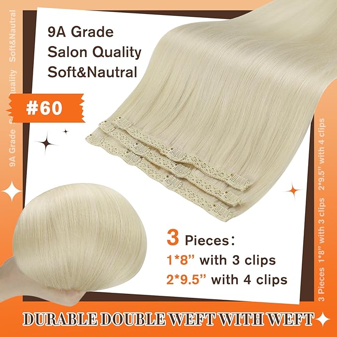 Full Shine Seamless Clip ins 18 Inch Natural Blonde Clip in Hair Extensions for Women Platinum Blonde with Lace Weft Real Hair Softness 60 Grams 3 PCS