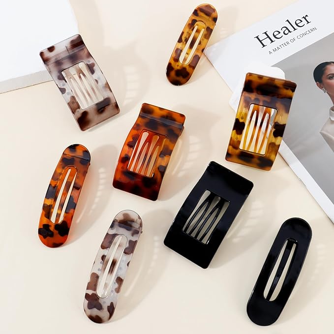 Velscrun Flat Hair Clips for Women Girls, 2 Styles 8 Pcs Lay Flat Claw Clips, Strong Hold French Duck Billed Large Side Hair Jaw Clip for All Hair Types, Fashion Trendy Hair Accessories Leopard