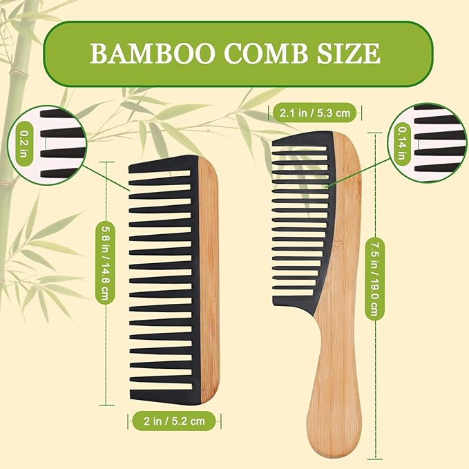 2 Pcs Bamboo Wide Tooth Comb Set - Wooden Wide Tooth Comb for Women, Anti-Static Detangling Hair Comb for Curly/Wet/Thick Hair with Bakelite Teeth
