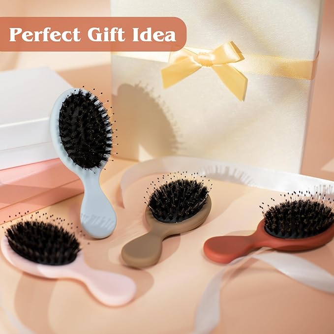 Mini Boar Bristle Hair Brush - Boar & Nylon Bristle Small Brush for Women Kids Long Short Hair to Smooth Add Shine - Travel Size Hair Brush for Purse,Pocket - Blue