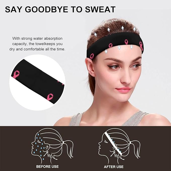 Headband Non Slip Sports Sweatband for Men & Women (Neon Pink Ribbon Breast Cancer Awareness)