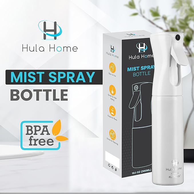 Hula Home Spray Bottle for Hair (10.1oz/300ml) - Powered by Flairosol® Spray Technology - Continuous Ultra Fine Mist Sprayer – For Hairstyling, Cleaning, Salons, Plants, Essential Oil - All White