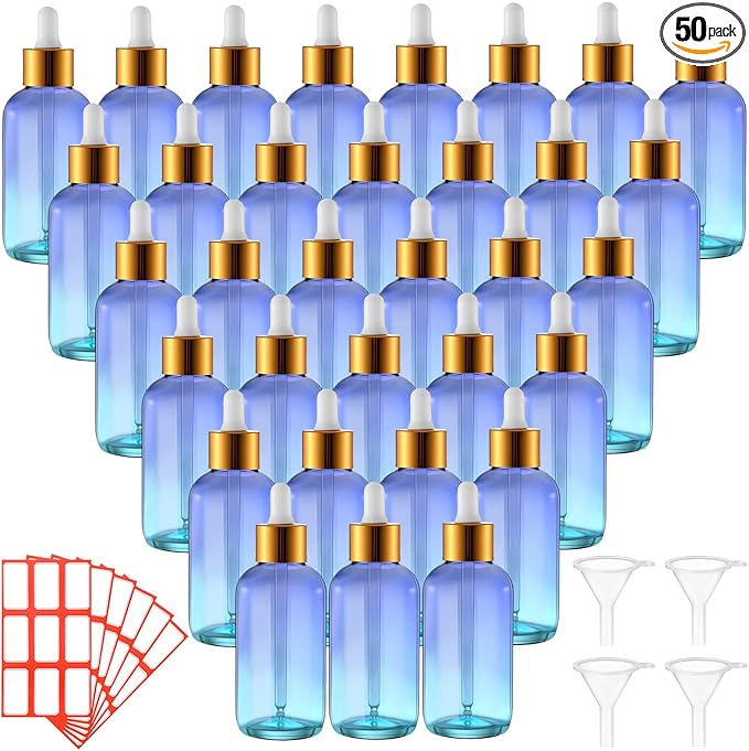 Dandat 50 Pack 4 oz Glass Dropper Bottles Leakproof 120 ml Glass Tincture Bottles with Eye Droppers, 4 Funnels, 54 Labels for Essential Oil Perfumes Hair Oil(Blue Gradient)