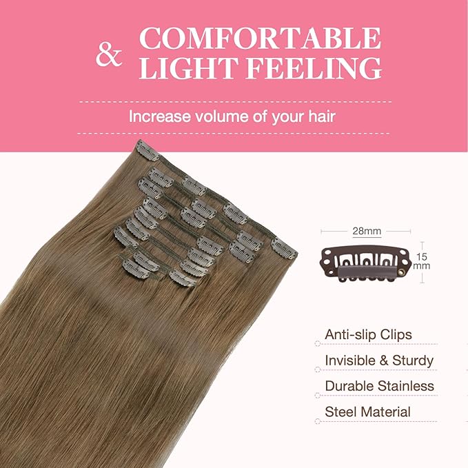 GOO GOO Clip in Hair Extensions Real Human Hair, Remy Human Hair Extensions Clip ins for Women, Natural Human Hair, 20inch 150g 9Pcs, 5 Light Ash Brown