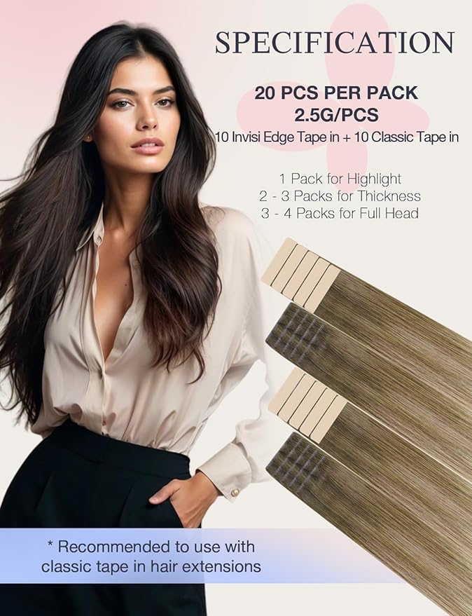 DOORES Invisi Edge Tape in Hair Extensions, Walnut Brown to Ash Brown and Bleach Blonde 10 Injection Tape-ins with 10 Classic Tape-ins 50g 16 Inch, Injected Tape in Virgin Human Hair
