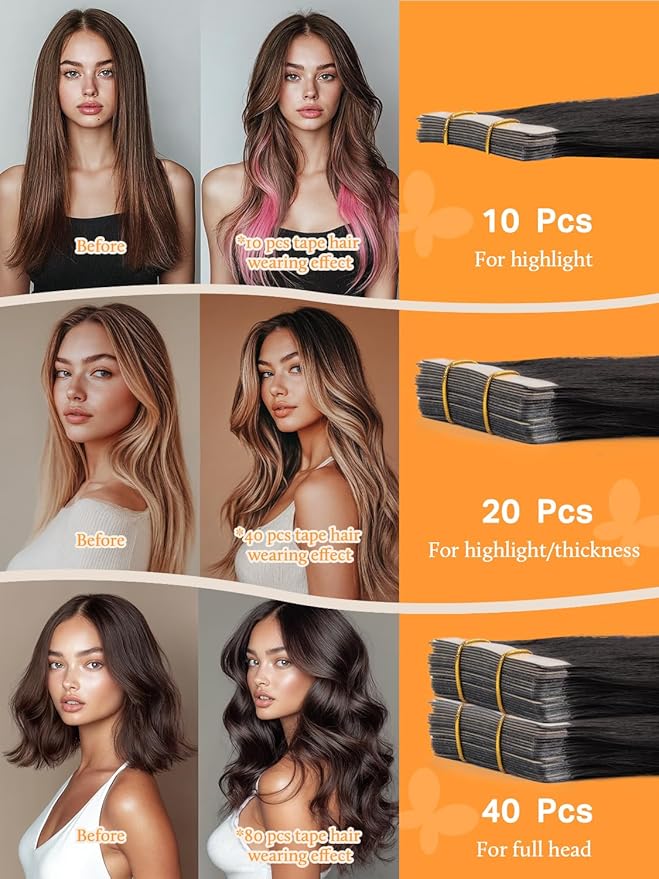 DOORES Real Human Hair Extensions - Mocha Brown, 26 Inch, 40pcs 120g Tape in Straight Remy Hair, Skin Weft