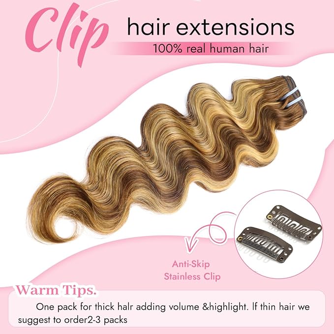 Clip in Hair Extensions Real Human Hair Body Wave #4/27 Chocolate Brown to Honey Blonde 100% Brazilian Remy Human Hair Extensions 8pcs Per Set with 18 Clips Double Weft 16 Inch 70g/3.6oz