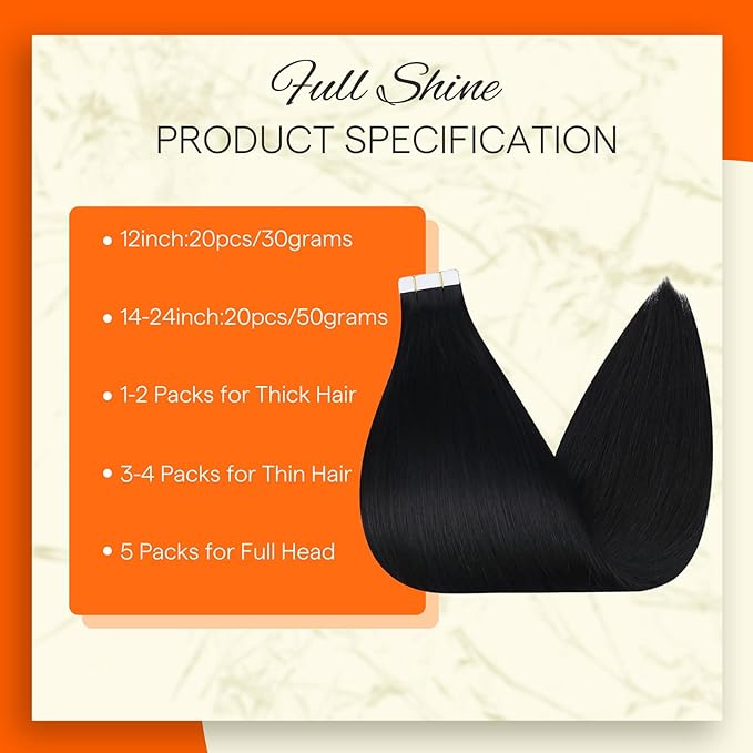 Full Shine Real Human Hair Tape in Extensions Color 1 Jet Black Remy Tape in Real Remy Skin Weft 24Inch Double Sided Invisible Seamless Hair Extension Silky Straight 20Pcs 50G for Wedding