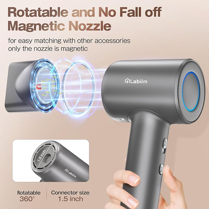 Hair Dryer, High-Speed Ionic Low Noise Blow Dryer with Brushless Motor for Fast Drying, Thermo-Control Quiet Compact Hair Blow Dryer, Hairdryer with 1 Nozzle Attachments for Home Salon Travel