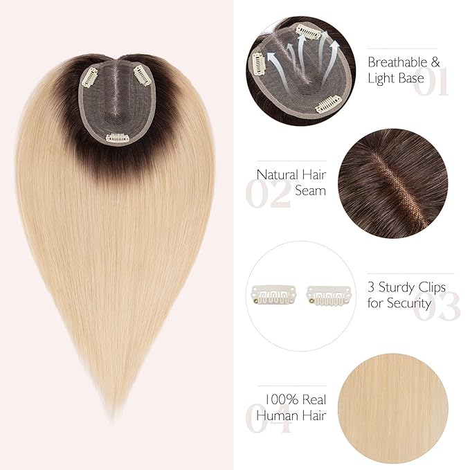 Hairro 100% Human Hair Topper No Bangs, Real Clip in Hair Hairpieces for Women, 3.94x4.72" Silk Base for Thinning Receding High Hairline, 12 Inch Natural Black to Blonde Middle Part