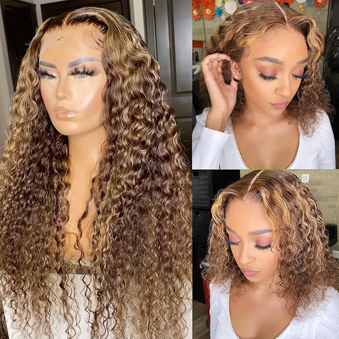 CYNOSURE 16 Inch Highlight Ombre Deep Curly Lace Front Wigs Human Hair Pre Plucked 180 Density Honey Blonde Jerry Curly Wig Human Hair 13x5 HD Transparent Lace Frontal Wigs Human Hair for Women