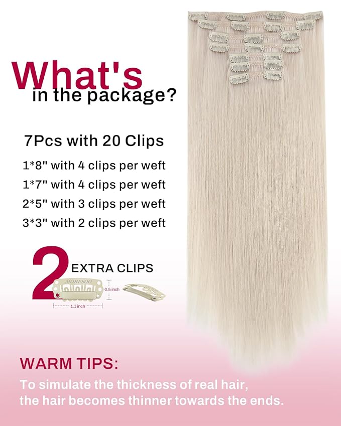 Moresoo Clip in Hair Extensions Real Human Hair Blonde Clip in Human Hair Extensions Platinum Blonde Full Head for Women 135g/7pcs 16 inch