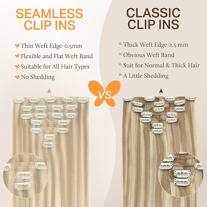 DOORES Clip in Hair Extensions, Seamless Dark Blonde Highlighted Bleach Blonde 22 Inch 150g 7pcs, Straight Virgin Hair Extensions for Women