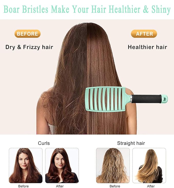 KTKUDY Detangling Brush Boar Bristles HairBrush Make Hair Shiny & Healthier Curved and Vented Detangler Brush for Women Men Kids Wet and Dry Hair (Turquoise)