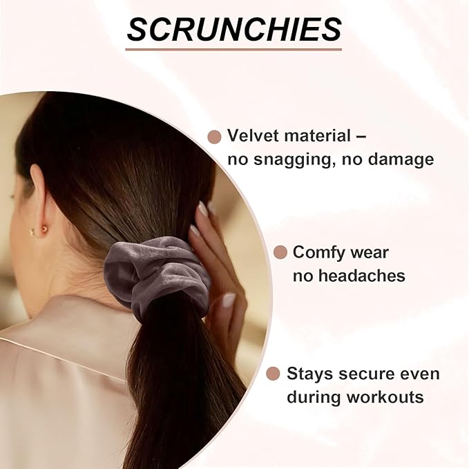 Scrunchies for Women, 12 Pcs Neutral Brown Tones Velvet Scrunchies - Classic Thick Elastic Hair Ties for a Soft Ponytail