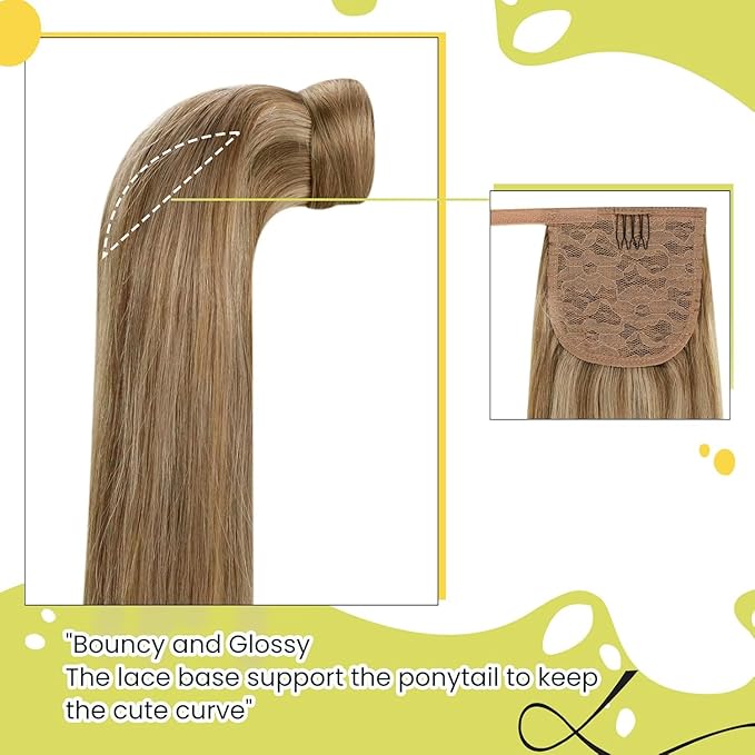 RUNATURE Human Hair Ponytail Extension Dark Blonde with Caramel Blonde Hair Ponytail Extension Human Hair with Magic Paste Short Straight Pony Tails Hair Extensions Straight Full Ends 14 Inch 70g