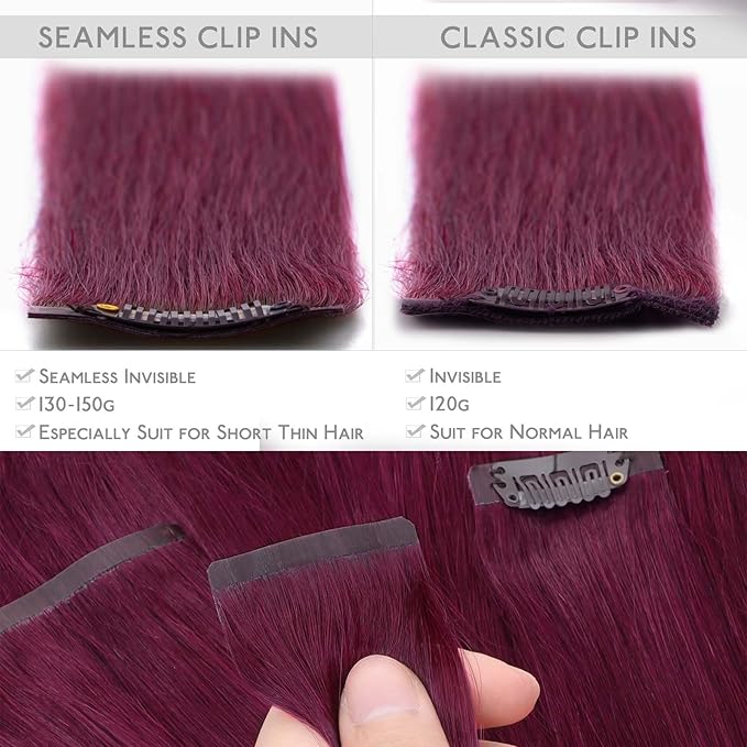 WENNALIFE Seamless Clip In Hair Extensions Human Hair, 22 Inch 150g 7pcs Light Burgundy Real Hair Extensions Clip in Human Hair Invisible PU Skin Weft Natural Remy Human Hair Extensions