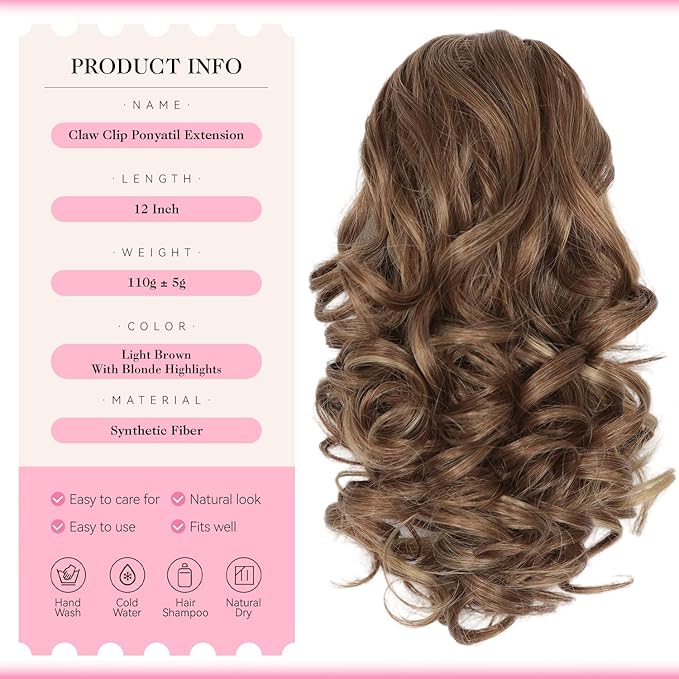 12 Inch Ponytail Extension - Clip in Ponytail Hair Extensions, Curly Wavy Pony Tails Hair Extensions, Synthetic Claw Clip Ponytail Extension for Women (Color: Light Brown With Blonde Highlights)