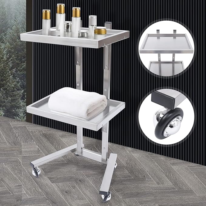 2 Tier Foldable Tray Trolley, Stainless Steel Salon Storage Metal Rolling Cart Mobile Hairdressing Tool Organizer with Wheels for Hair Salon, Studios, Spa Salons (Silver)