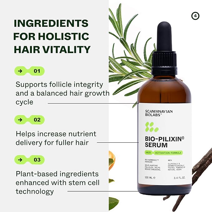 Scandinavian Biolabs Bio-Pilixin® Serum For Men | Helps Reduce Hair Loss Due to Breakage, Help Activate Hair Growth, Stem Cell Technology, Drug-Free Daily Use, Clinically Tested, 100 mL/ 3.4 Oz