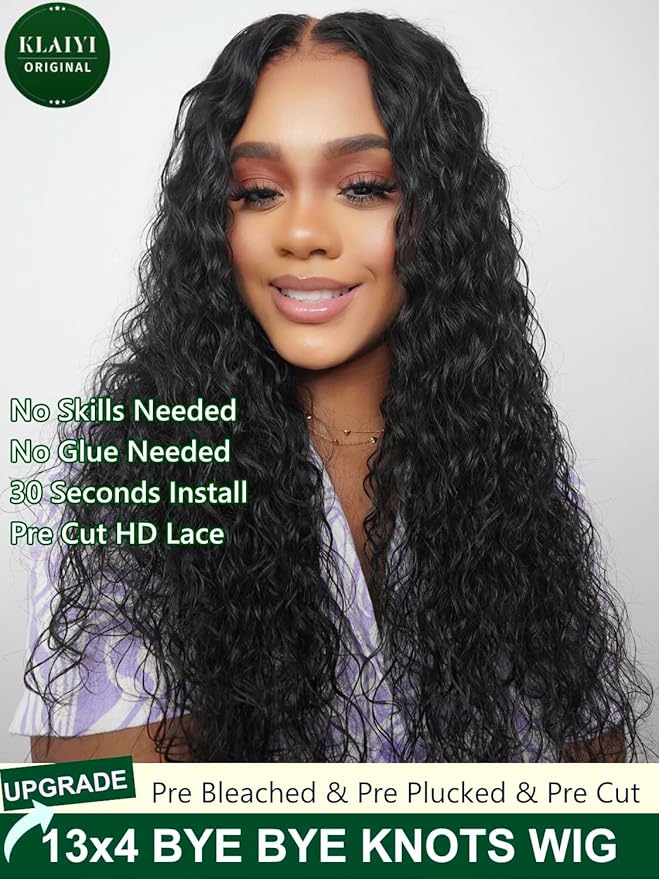 KLAIYI Water Wave Pre Everything Glueless 13x4 Lace Front Wigs Human Hair Precut Lace Pre Plucked Pre Bleached Bye Bye Knots Curly Wear and Go Beginners Wig with Drawstring 30S Ready to Wear 16Inch
