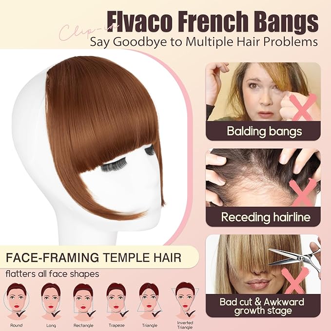 Clip in Bangs, Synthetic French Bangs Hair Clip, Light Auburn Fake Bangs Fringe with Temples Hairpieces for Women Natural Curved Hair Extensions for Daily Wear
