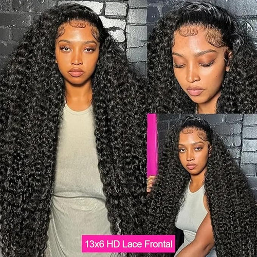 32 Inch 13x6 Deep Wave Lace Front Wigs Human Hair 250% Density HD Lace Frontal Wigs Human Hair Glueless Deep Curly Wigs for Women Pre Plucked Glueless Wigs Natural Color