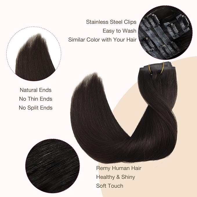 GOO GOO Clip in Hair Extensions Real Human Hair, Remy Human Hair Extensions Clip ins for Women, Natural Human Hair, 14inch 110g 7Pcs, 2 Dark Brown