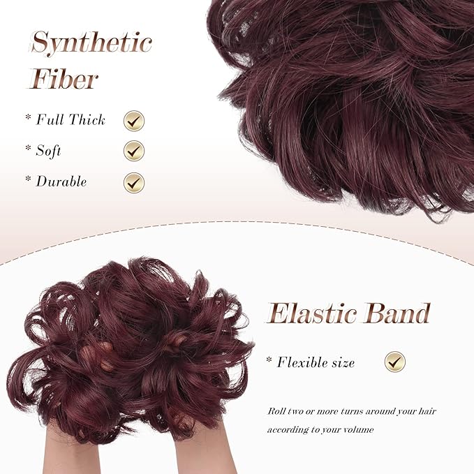FESHFEN Messy Bun Hair Piece - Elastic Wavy Curly Hair Bun Scrunchies Extensions Synthetic Chignon Hairpieces for Women Girls, Wine Red 1.5 oz