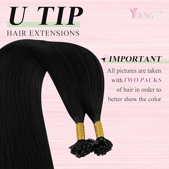 YoungSee U tip Hair Extensions Black U Tip Hair Extensions Human Hair Jet Black 16 Inch Keratin Tip Extension Real Human Hair Silky Smooth Texture 1g/s 50s/50g for School
