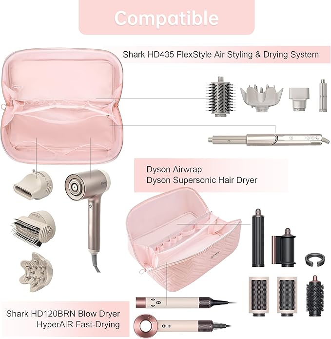 Leudes Hair Tools Travel Bag For Dy son Airwrap Hair Dryer Shark Flex Style Carrying Case Travel Makeup Bag Portable Pouch Open Flat Packing Organizers with Divider and Handle (Pink)