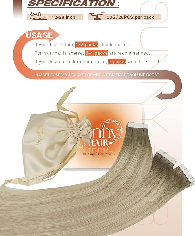 Sunny Hair Tape in Hair Extensions Real Human Hair Invisible Remy Hair Extensions Tape ins for Women Ash Blonde Root to Platinum Blonde Balayage 20 inch 20Pcs 50G