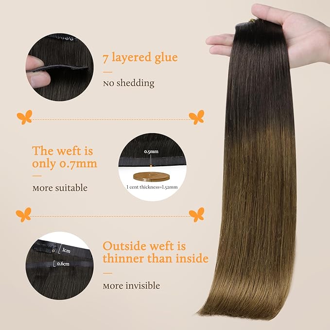 DOORES Seamless Clip in Hair Extensions Human Hair, Chocolate Dip Color Melt 7pcs 150g 20 Inch, Remy Hair Natural Straight Hair Thin Weft Hair invisible Edge