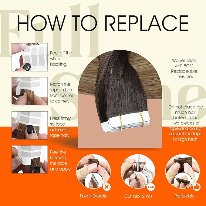 Full Shine Tape in Hair Extensions Real Human Hair Remy Hair Extensions Tape ins Balayage Color 4/27/60/8 Brown And Blonde Tape Hair Extension 14Inch Seamless Invisible Straight Hair 50G 20Pcs
