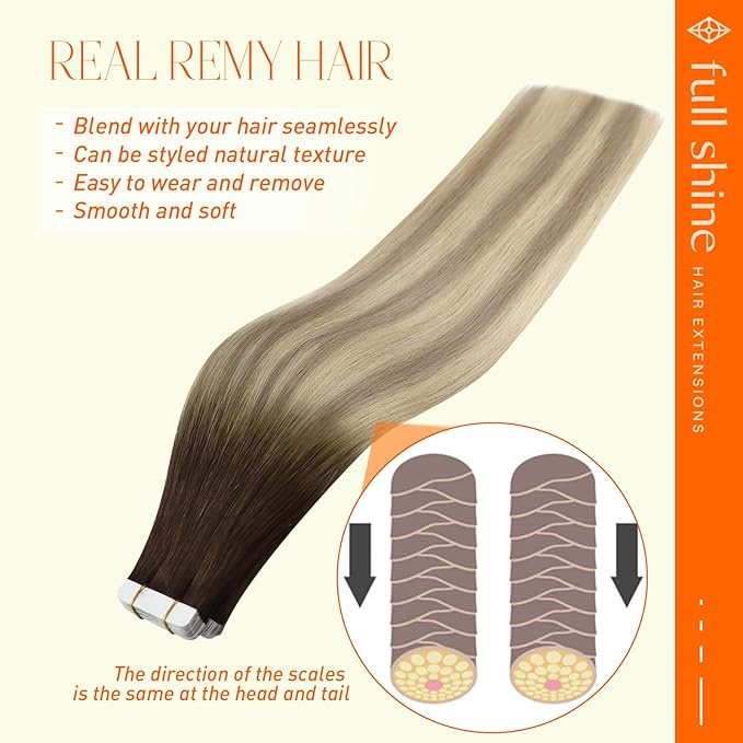 Full Shine Tape in Hair Extensions Human Hair 50 Gram Darkest Brown Fading to Ash Blonde and Platinum Blonde Skin Weft Tape in Extensions 16 Inch Double Sided Tape ins Extensions Remy 20Pcs