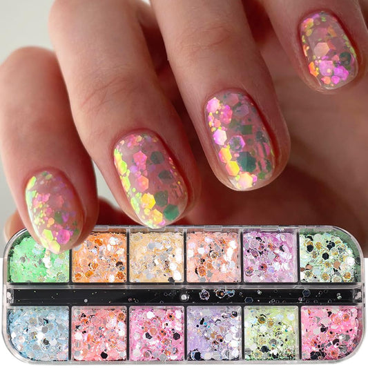 12 Grids Colorful Mermaid Nail Sequin Holographic Nail Art Glitter,Iridescent Nail Art Flake Glitter Decals Glass Paper Design Nail Accessories Acrylic Nails for Women Make Up DIY Nail Decoration