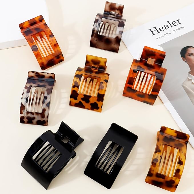 Velscrun Flat Hair Clips for Women Girls, 2 Styles 8 Pcs Lay Flat Claw Clips, Strong Hold French Duck Billed Large Side Hair Jaw Clip for All Hair Types, Non Slip Grip for Daily Styling Leopard
