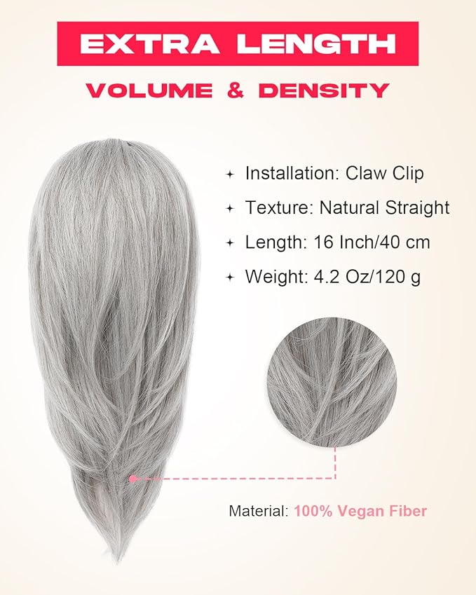 Ponytail Extension – 16” Claw Clip in Ponytail Hair Extensions Natural Soft Synthetic High Pony Tail Hairpieces for Women (Silver Grey, 16 inch)