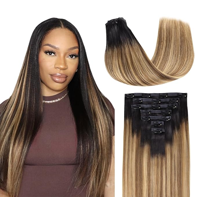 Lashey Seamless Clip in Hair Extensions 22 Inch Balayage Ash Brown to Honey Blonde with Dark Roots Long Straight Hair Extensions 110g 7pcs PU Clip in Real Human Hair for Black Women