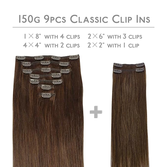 WENNALIFE Clip in Hair Extensions, 150g 14 Inch 9pcs Chocolate Brown Human Hair Extensions Thicker Clip in Hair Extensions Real Human Hair Clip Set Double Weft