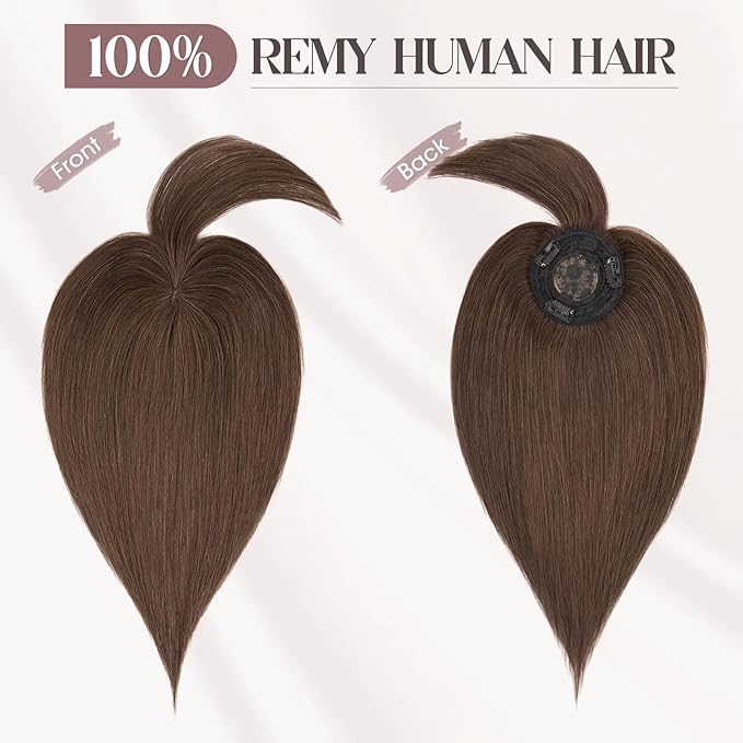 MY-LADY Human Hair Toppers for Women Real Human Hair with Bangs Thin 8.5 * 8.5CM Mono Base Clip in Remy Hairpieces Light Weight 14 Inch Chocolate Brown