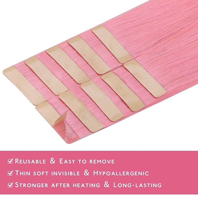 Wennalife Tape in Hair Extensions Human Hair Peach Pink Tape in Extensions, 10pcs 30g 20 inch Remy Invisible Tape Ins Straight Colored Soft Real Human Hair Tape in Extensions Refill Set Extensions