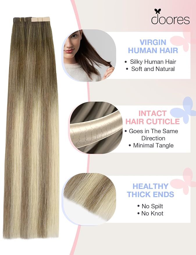 DOORES Invisi Edge Tape in Hair Extensions, Walnut Brown to Ash Brown and Bleach Blonde 10 Injection Tape-ins with 10 Classic Tape-ins 50g 16 Inch, Injected Tape in Virgin Human Hair
