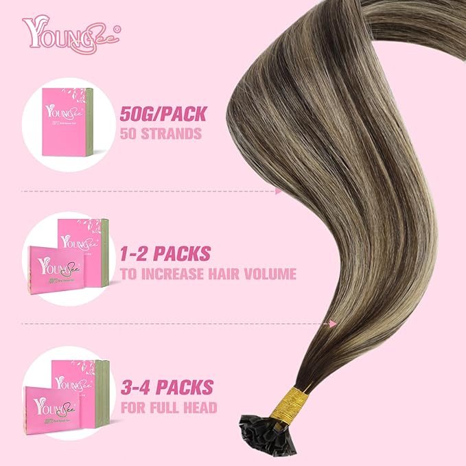 YoungSee Ktip Hair Extensions Ombre Dark Brown with Ash Blonde K Tips Hair Extensions Human Hair Ombre 24In 1G/S 50G