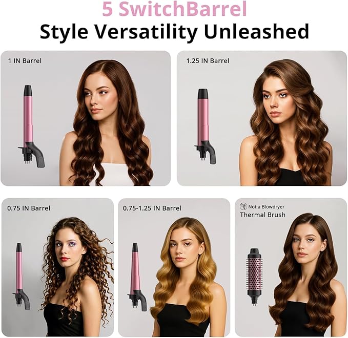 5 in 1 Automatic Rotating Curling Iron Set, CrazyMar Curling Wand Set - 5 Barrels (3/4,1,1/4 Inch) Dual Voltage Curling Wand for Professional Hair Styling, Travel, Ceramic Coating(Hot Pink)