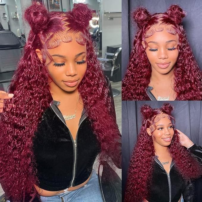 Burgundy Wig Human Hair Deep Wave, Hidden Strap 360 Lace Front Wigs Human Hair Draw String Invisible Strap Pre Plucked Pre Cut Glueless, 99J Burgundy Curly Wig Human Hair for Women (28inch)