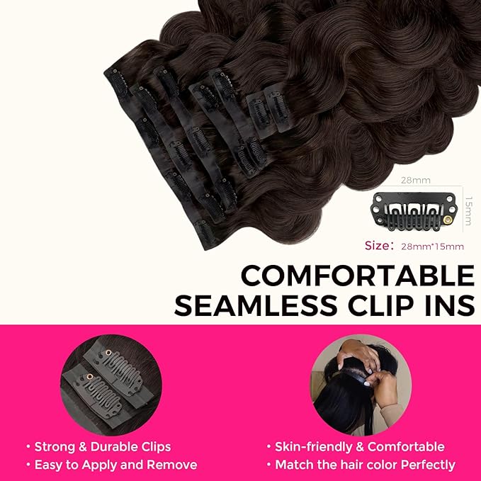 Lashey Seamless Clip in Hair Extensions Human Hair #2 Dark Brown Body Wave 7pcs 110g 22 Inch PU Weft Clip in Hair Extensions Real Human Hair for Women