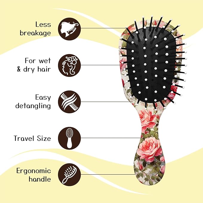 Mini Hair Brush,Cute Detangling Travel Hair Brush,Soft Bristles for Effortless Tangle Removal,Detangler Hairbrush for Women Men Boys Girls Kids Wet Dry All Hair Types (Pink White Roses, Mini)