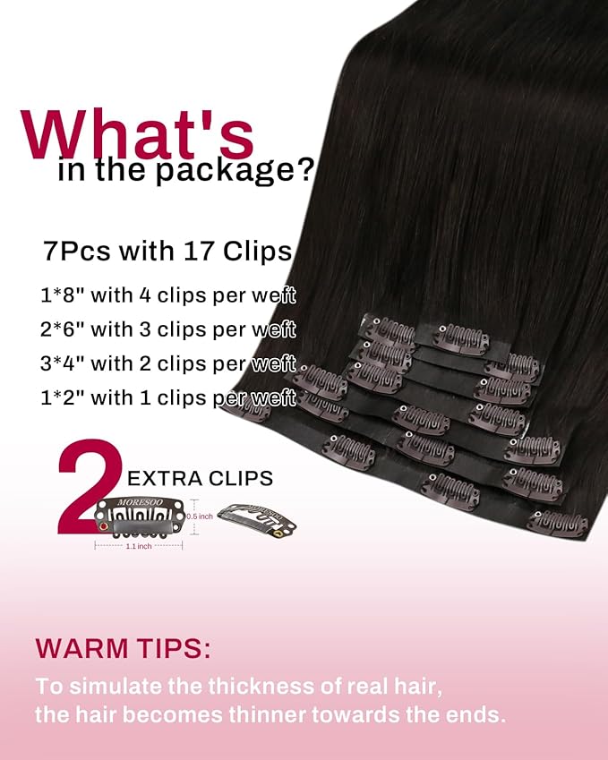 Moresoo Brown Seamless Clip in Hair Extensions Human Hair Straight Dark Brown Hair Extensions Clip ins Remy Pu Weft 120g/7pcs 22 inch