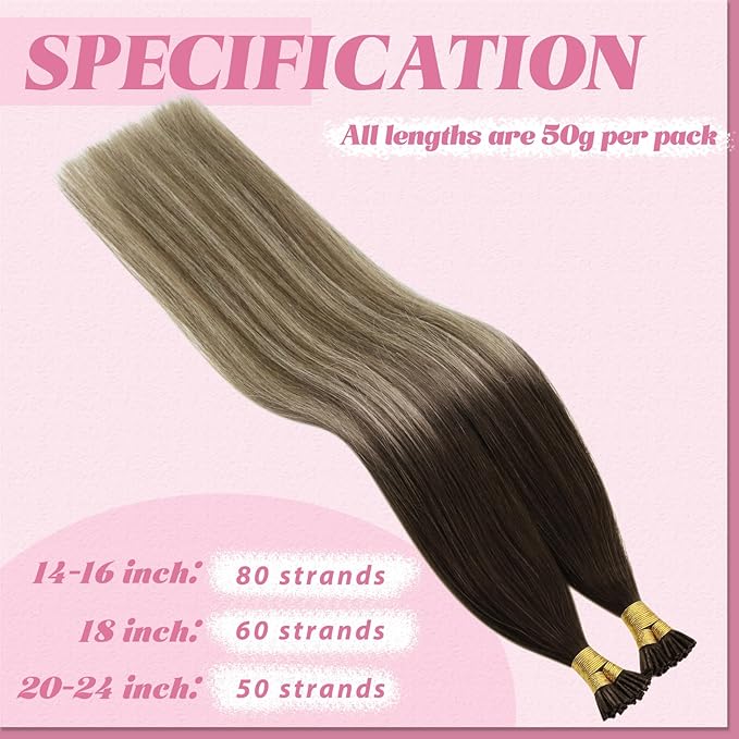 YoungSee I Tip Hair Extensions Human Hair Balayage Itip Hair Extension Real Human Hair Ombre Dark Brown to Brown with Blonde Itip Hair Extension 16 Inch Pre Bonded 80s 50g
